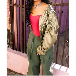 Army Green Cropped Satin Oversized Bomber Streetwear Jacket 8 NWT
